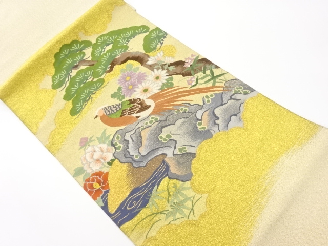 綴れ松に雉・花々模様織出し名古屋帯